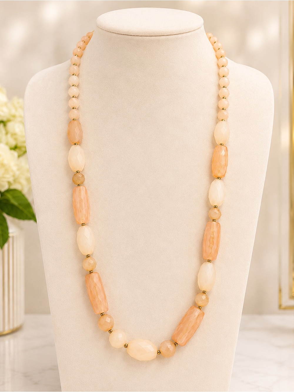 Peach Blush Faceted Beaded Statement Necklace Long Boho Layering